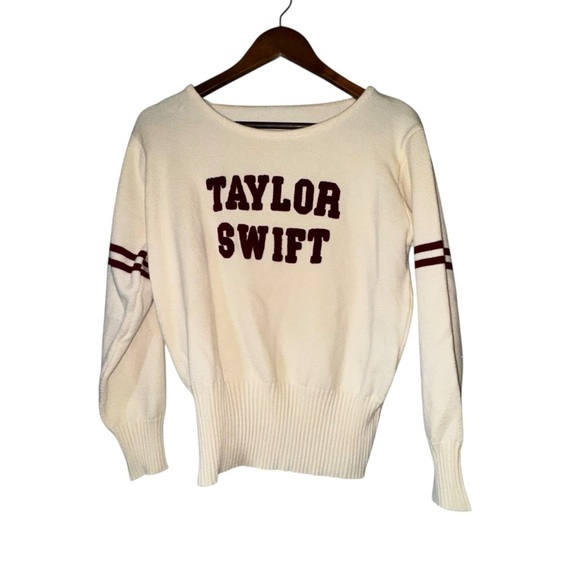 Women's Taylor Swift Red Era Ivory Sweater with Burgundy Accents - Picture 1 of 7